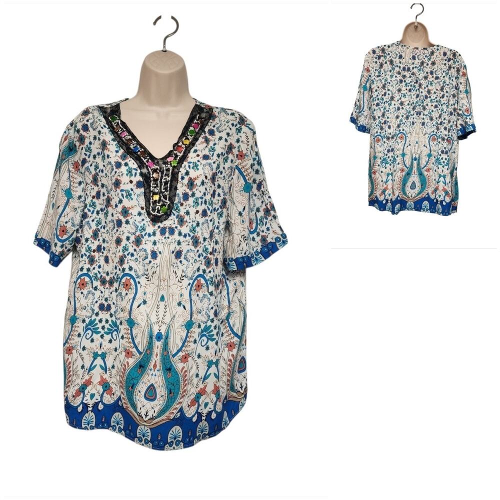 UNIVERSAL FASHION WOMEN EMEBELISHED V-NECK PAISLEY FLORAL MULT-WHITE BLOUSE XXXL